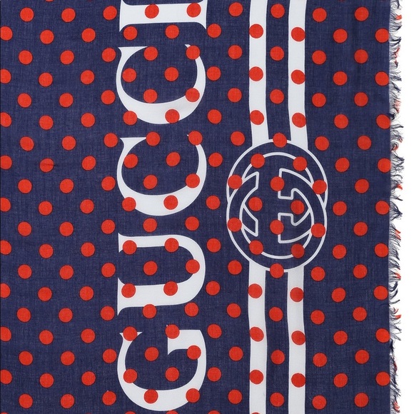 NWT Gucci 623130 Red Blue Vintage Logo Polka Dot Shawl Scarf 140cm x 140cm - Picture 4 of 8
